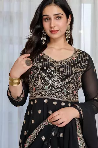 Designer black faux blooming anarkali gown with heavy zari embroidery & moti lace