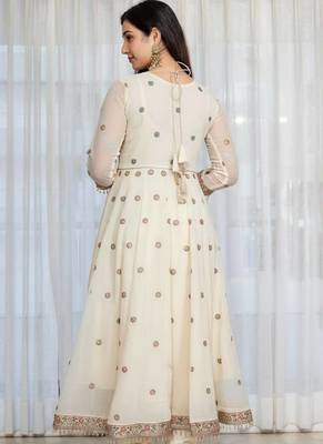 Designer white faux blooming anarkali gown with heavy zari embroidery & moti lace 2