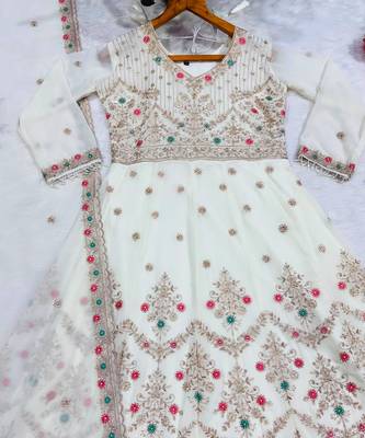 Designer white faux blooming anarkali gown with heavy zari embroidery & moti lace 4