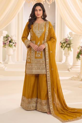 Yellow real chinon readymade sharara salwar suit - full stitched