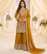 Yellow real chinon readymade sharara salwar suit - full stitched