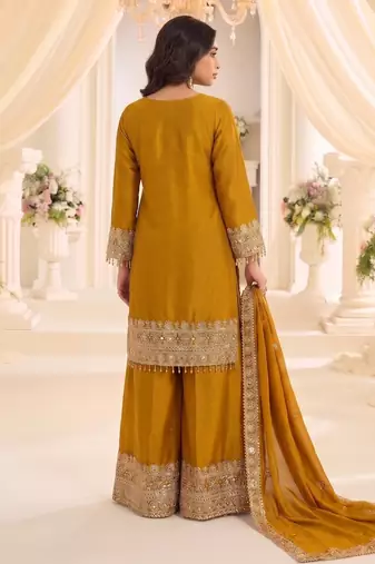 Yellow real chinon readymade sharara salwar suit - full stitched
