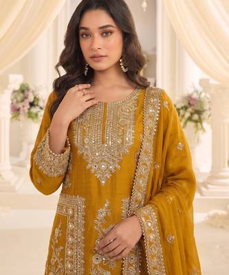 Yellow real chinon readymade sharara salwar suit - full stitched 3