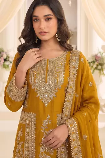 Yellow real chinon readymade sharara salwar suit - full stitched