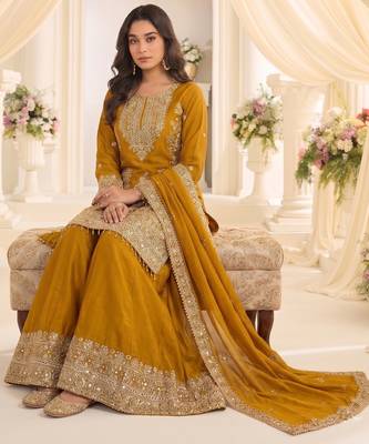Yellow real chinon readymade sharara salwar suit - full stitched 4