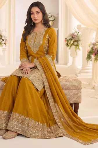 Yellow real chinon readymade sharara salwar suit - full stitched