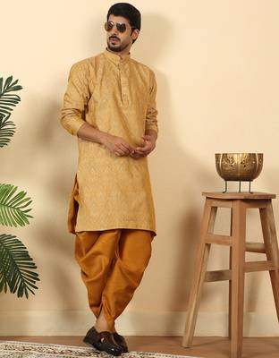 Silk blend jacquard beige kurta with mustard elastic dhoti 1