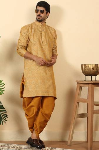 Silk blend jacquard beige kurta with mustard elastic dhoti