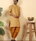 Silk blend jacquard beige kurta with mustard elastic dhoti