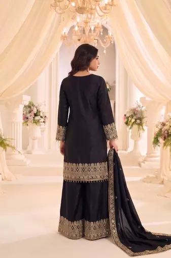 Black real chinon readymade sharara salwar suit - full stitched