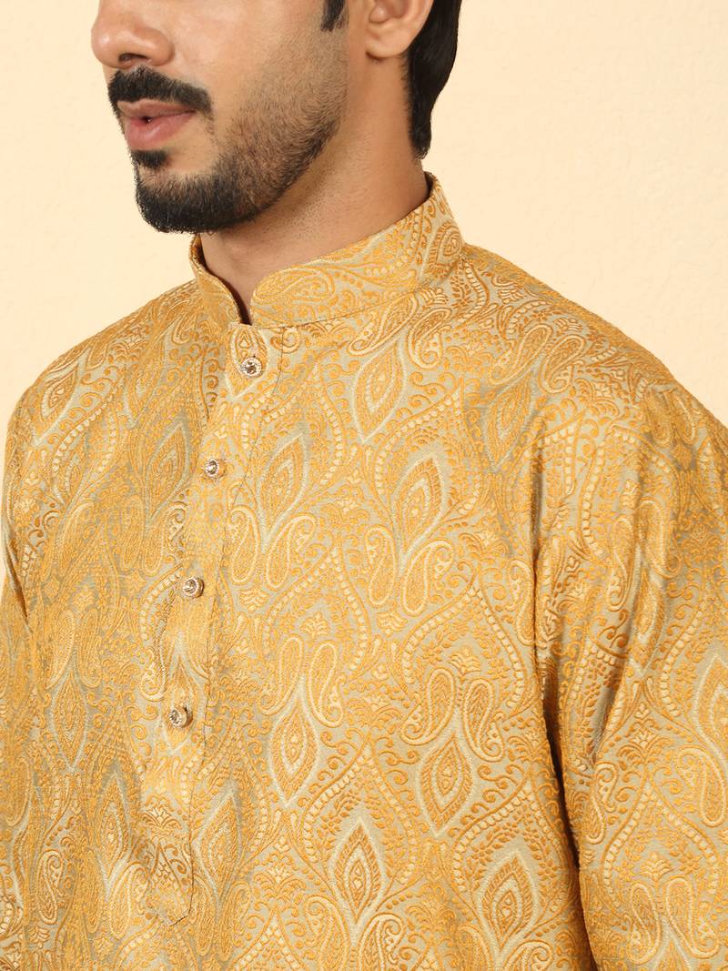 Silk blend jacquard beige kurta with mustard elastic dhoti