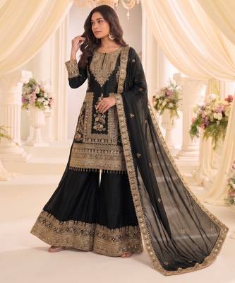Black real chinon readymade sharara salwar suit - full stitched 3