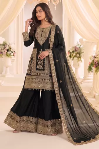 Black real chinon readymade sharara salwar suit - full stitched