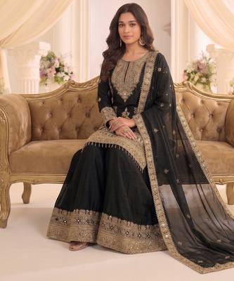 Black real chinon readymade sharara salwar suit - full stitched 4