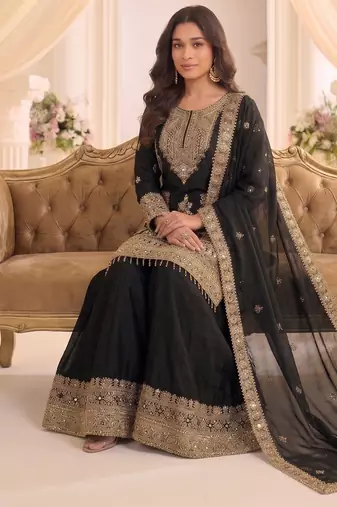 Black real chinon readymade sharara salwar suit - full stitched