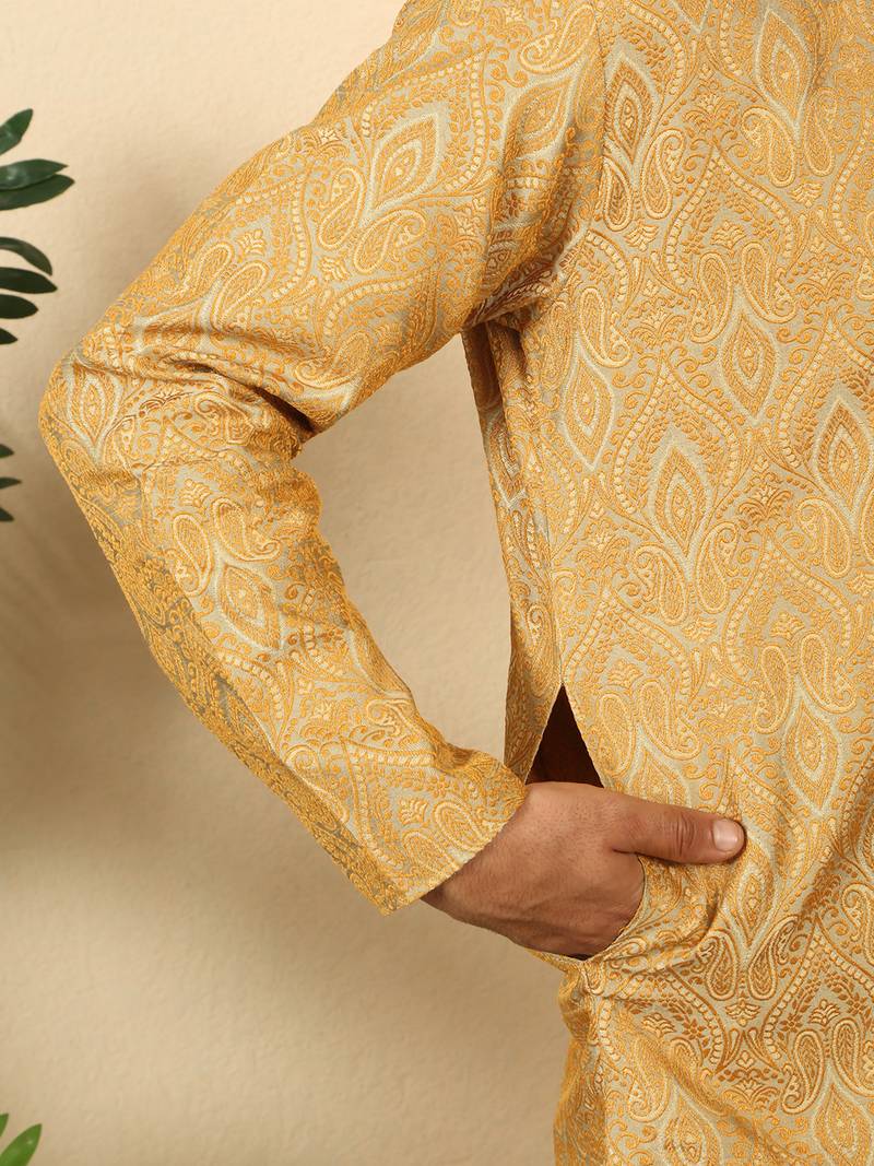 Silk blend jacquard beige kurta with mustard elastic dhoti