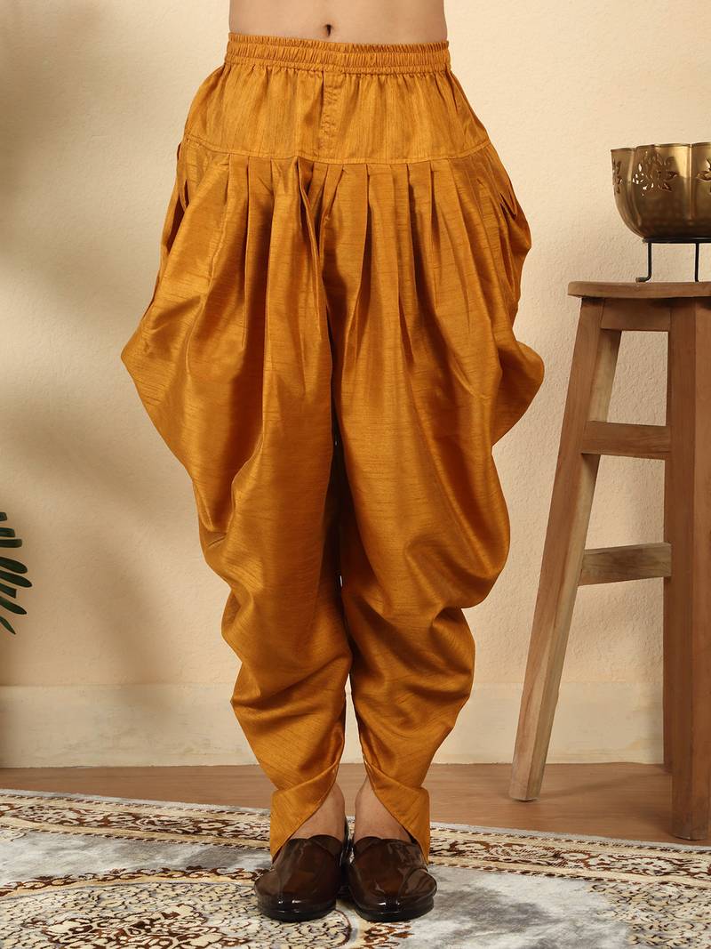 Silk blend jacquard beige kurta with mustard elastic dhoti