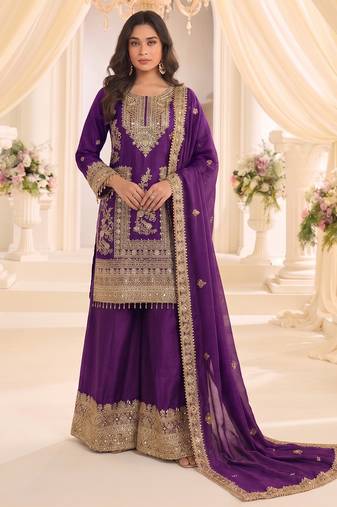 Purple real chinon readymade sharara salwar suit - full stitched