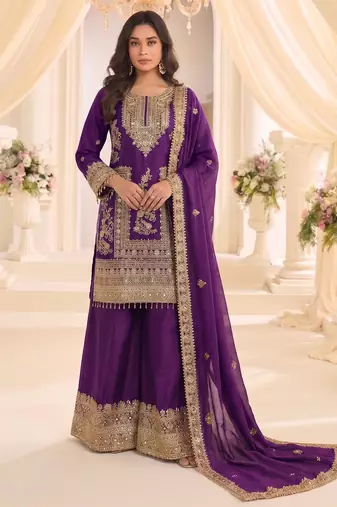 Purple real chinon readymade sharara salwar suit - full stitched