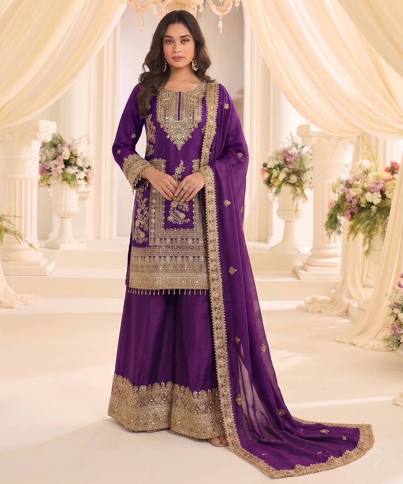 Purple real chinon readymade sharara salwar suit - full stitched