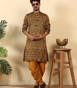 Silk blend jacquard black kurta with mustard elastic dhoti