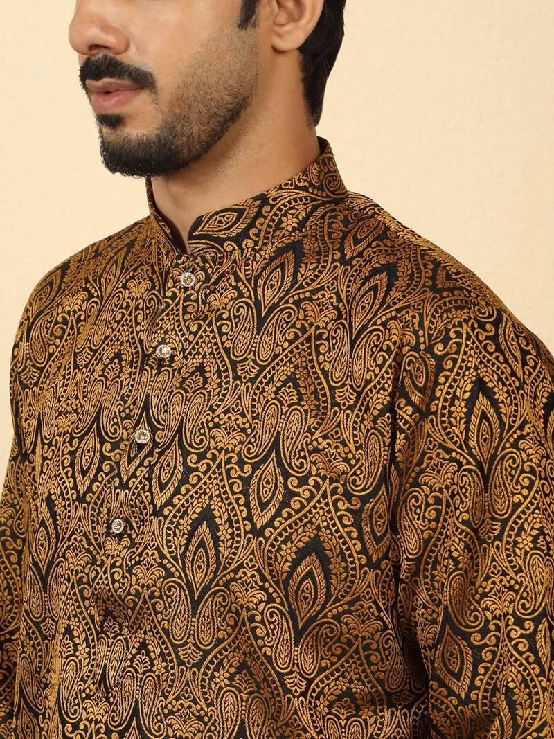Silk blend jacquard black kurta with mustard elastic dhoti