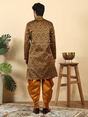 Silk blend jacquard black kurta with mustard elastic dhoti 3