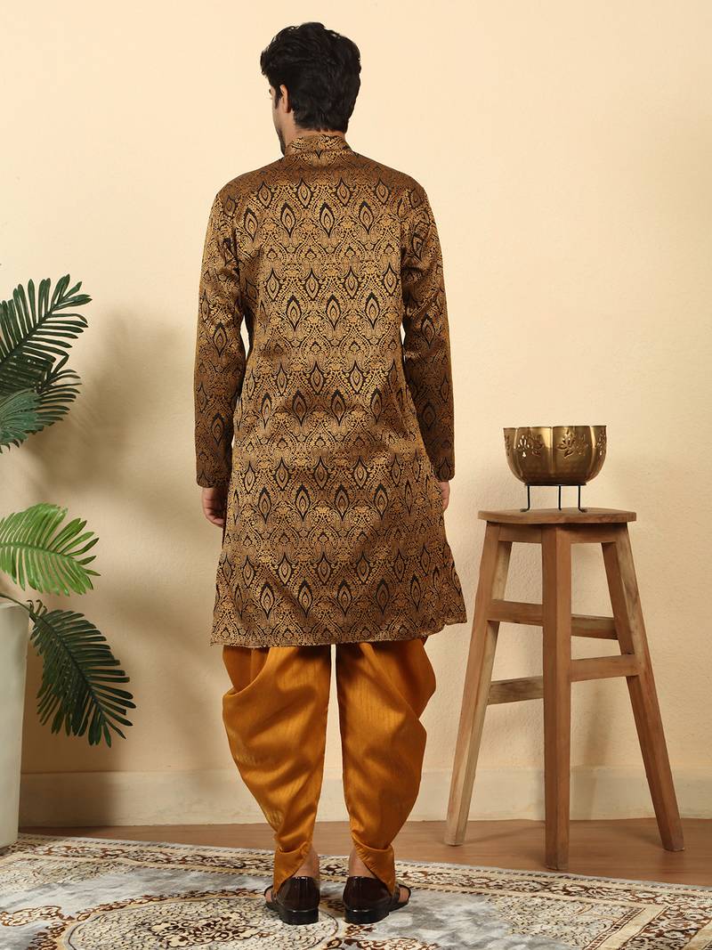 Silk blend jacquard black kurta with mustard elastic dhoti