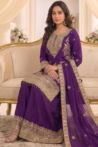Purple real chinon readymade sharara salwar suit - full stitched