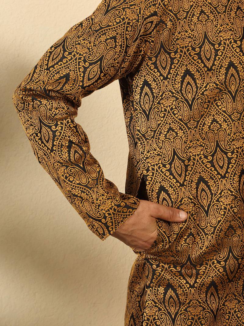 Silk blend jacquard black kurta with mustard elastic dhoti