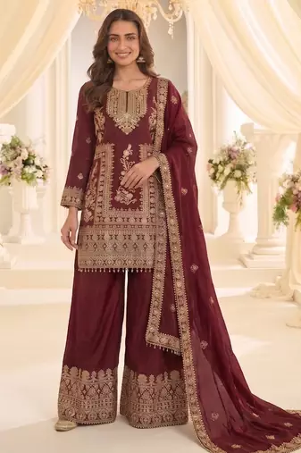 Red real chinon readymade sharara salwar suit - full stitched