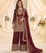 Red real chinon readymade sharara salwar suit - full stitched