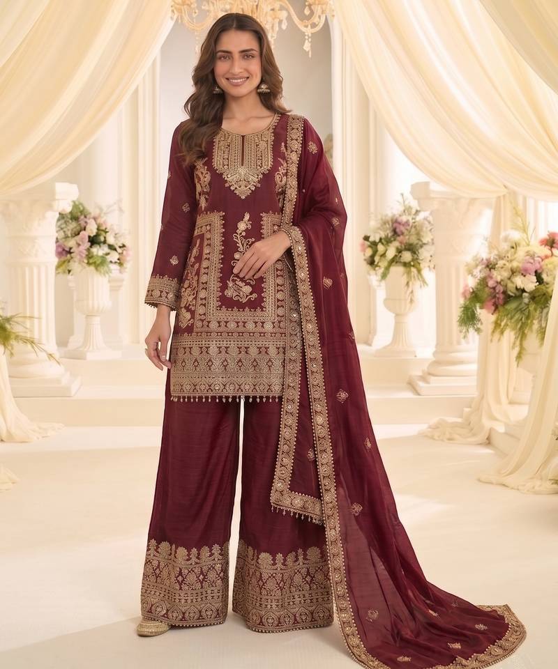 Red real chinon readymade sharara salwar suit - full stitched