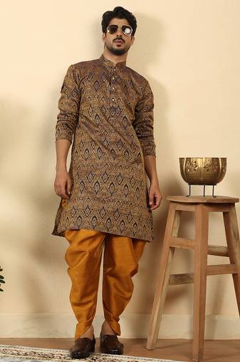 Silk blend jacquard blue kurta with mustard elastic dhoti