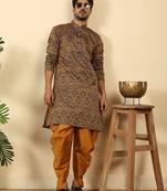 Silk blend jacquard blue kurta with mustard elastic dhoti