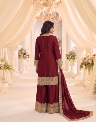 Red real chinon readymade sharara salwar suit - full stitched 2