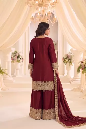 Red real chinon readymade sharara salwar suit - full stitched