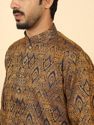Silk blend jacquard blue kurta with mustard elastic dhoti 2