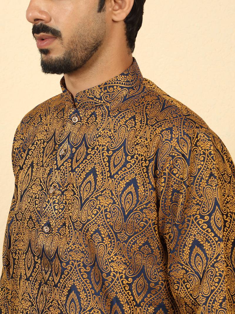 Silk blend jacquard blue kurta with mustard elastic dhoti