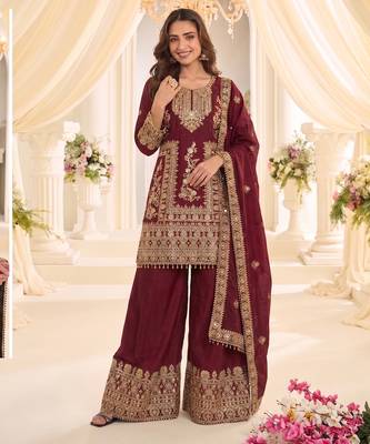 Red real chinon readymade sharara salwar suit - full stitched 3
