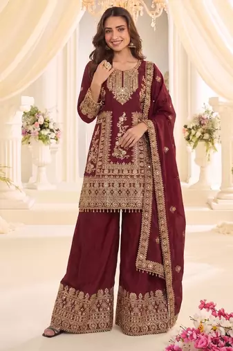 Red real chinon readymade sharara salwar suit - full stitched