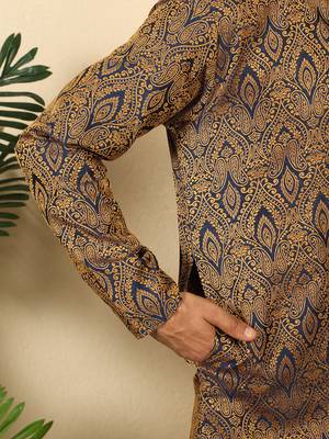 Silk blend jacquard blue kurta with mustard elastic dhoti 4