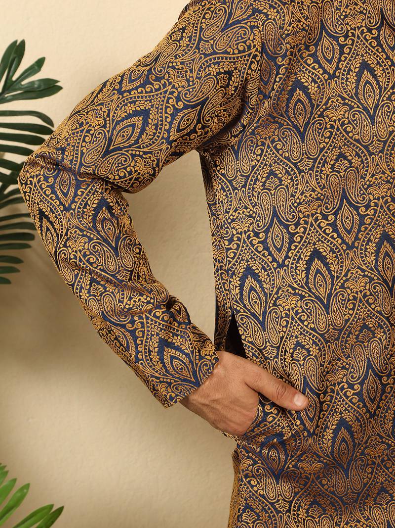 Silk blend jacquard blue kurta with mustard elastic dhoti