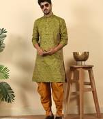 Silk blend jacquard green kurta with mustard elastic dhoti