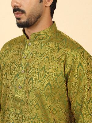 Silk blend jacquard green kurta with mustard elastic dhoti 2