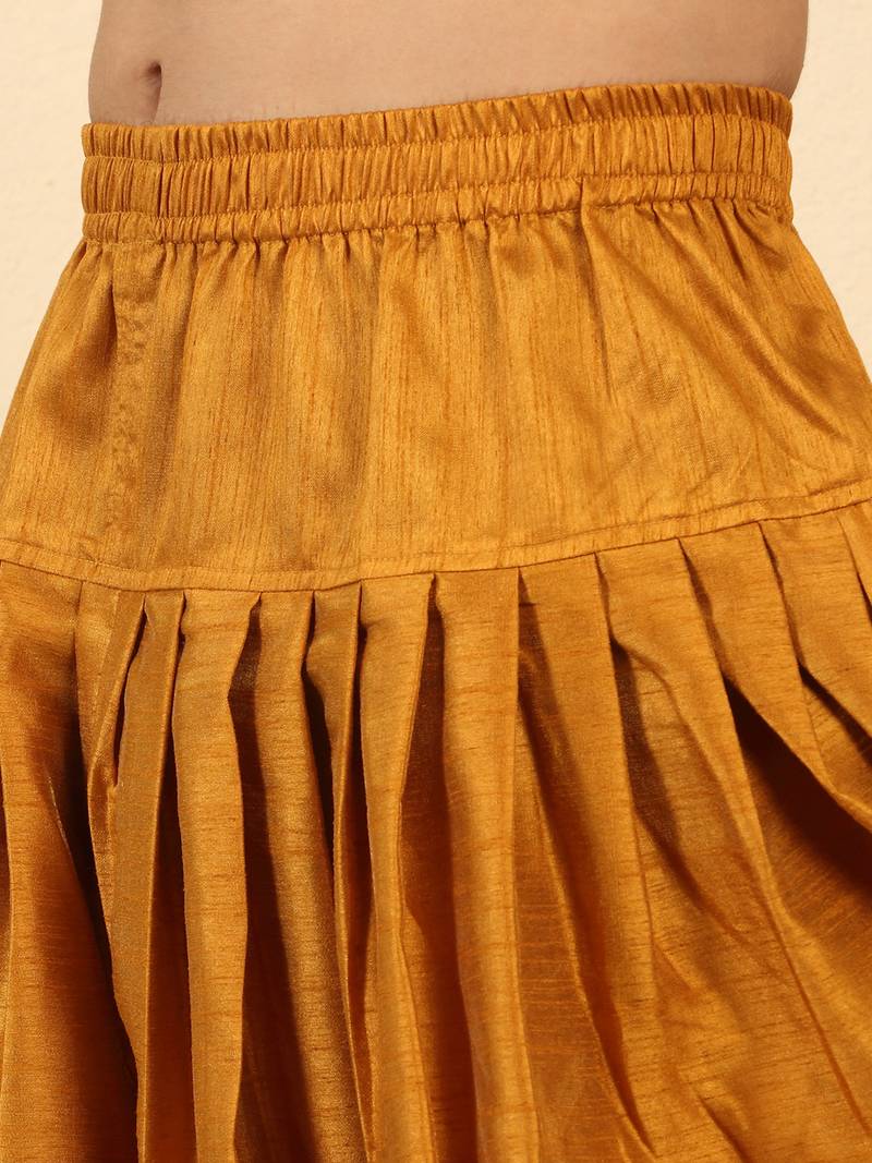 Silk blend jacquard green kurta with mustard elastic dhoti