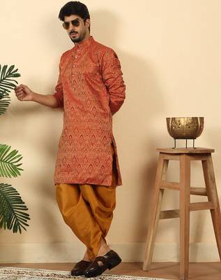 Silk blend jacquard maroon kurta with mustard elastic dhoti 1