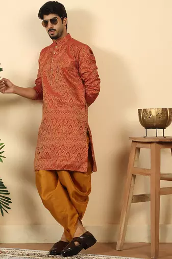 Silk blend jacquard maroon kurta with mustard elastic dhoti
