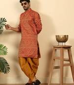 Silk blend jacquard maroon kurta with mustard elastic dhoti
