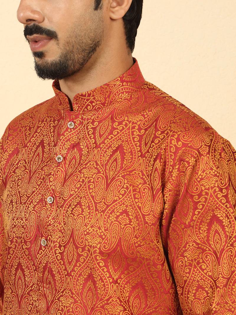 Silk blend jacquard maroon kurta with mustard elastic dhoti